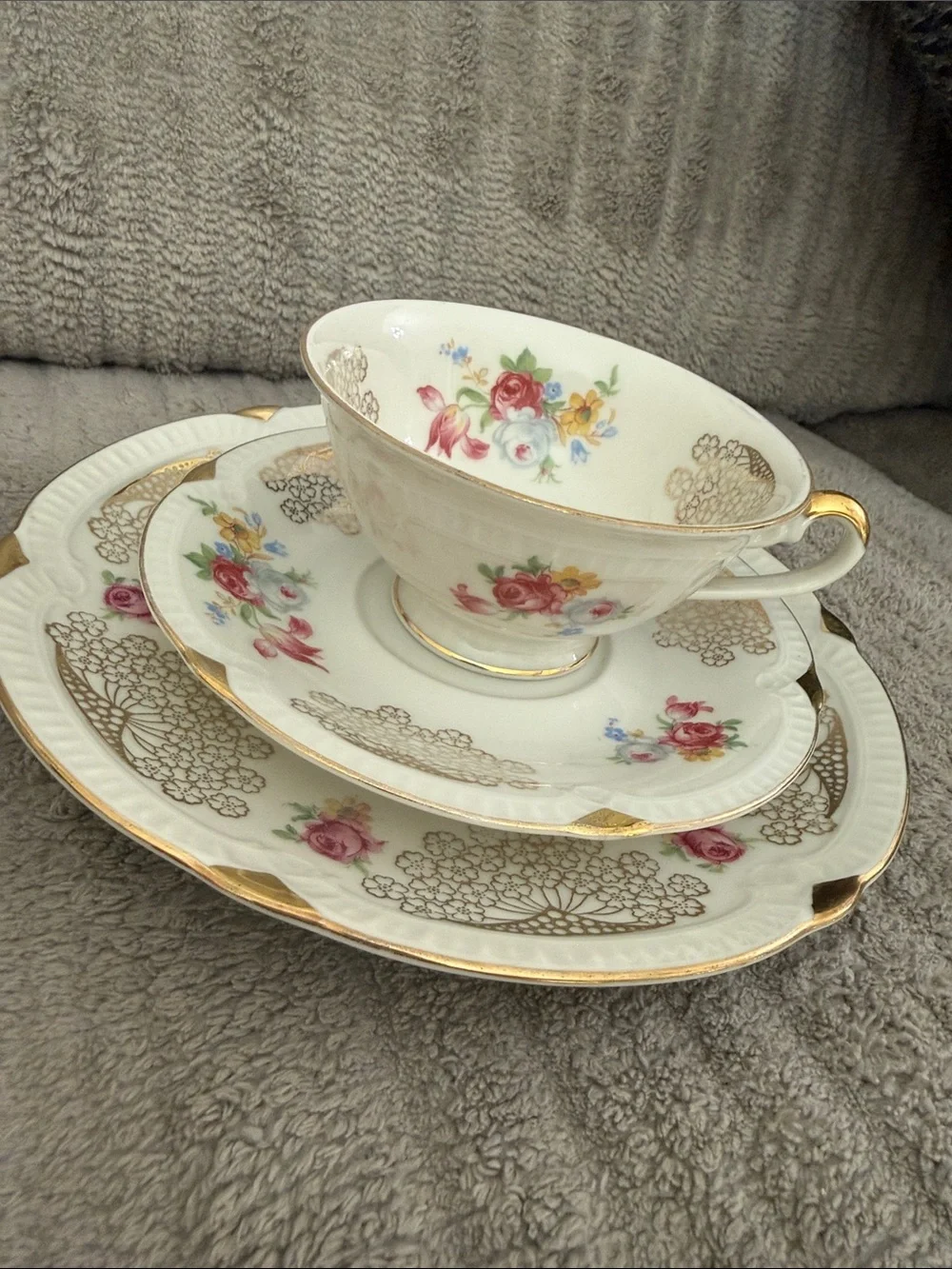 Vintage Seltmann Weiden Germany U.S. Zone Tea Cup Saucer Dessert Plate Trio Gold